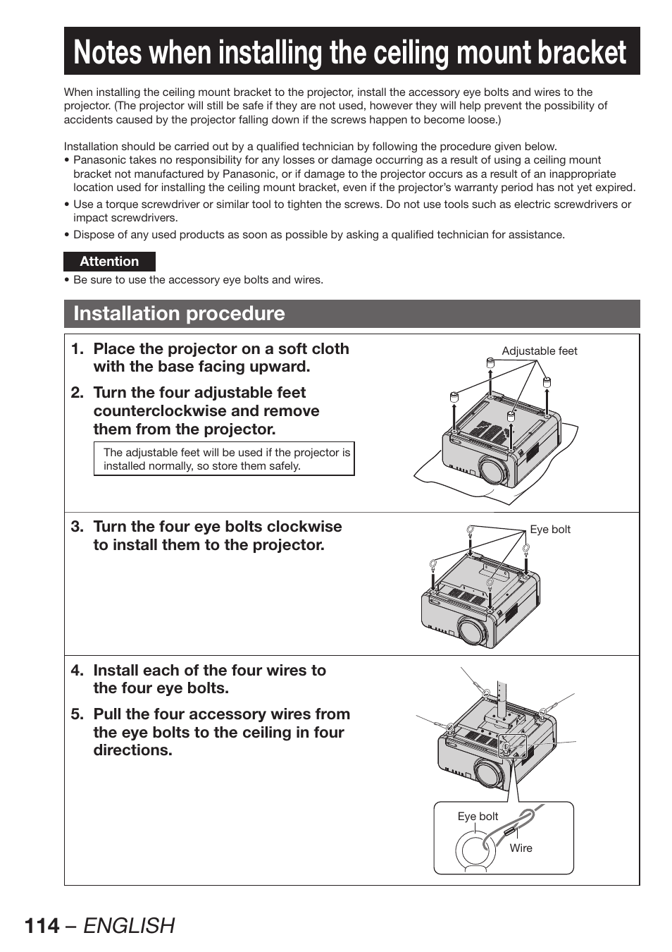 Notes when installing the ceiling mount bracket, Installation procedure, 114 – english | Panasonic PT-DW100E User Manual | Page 114 / 126