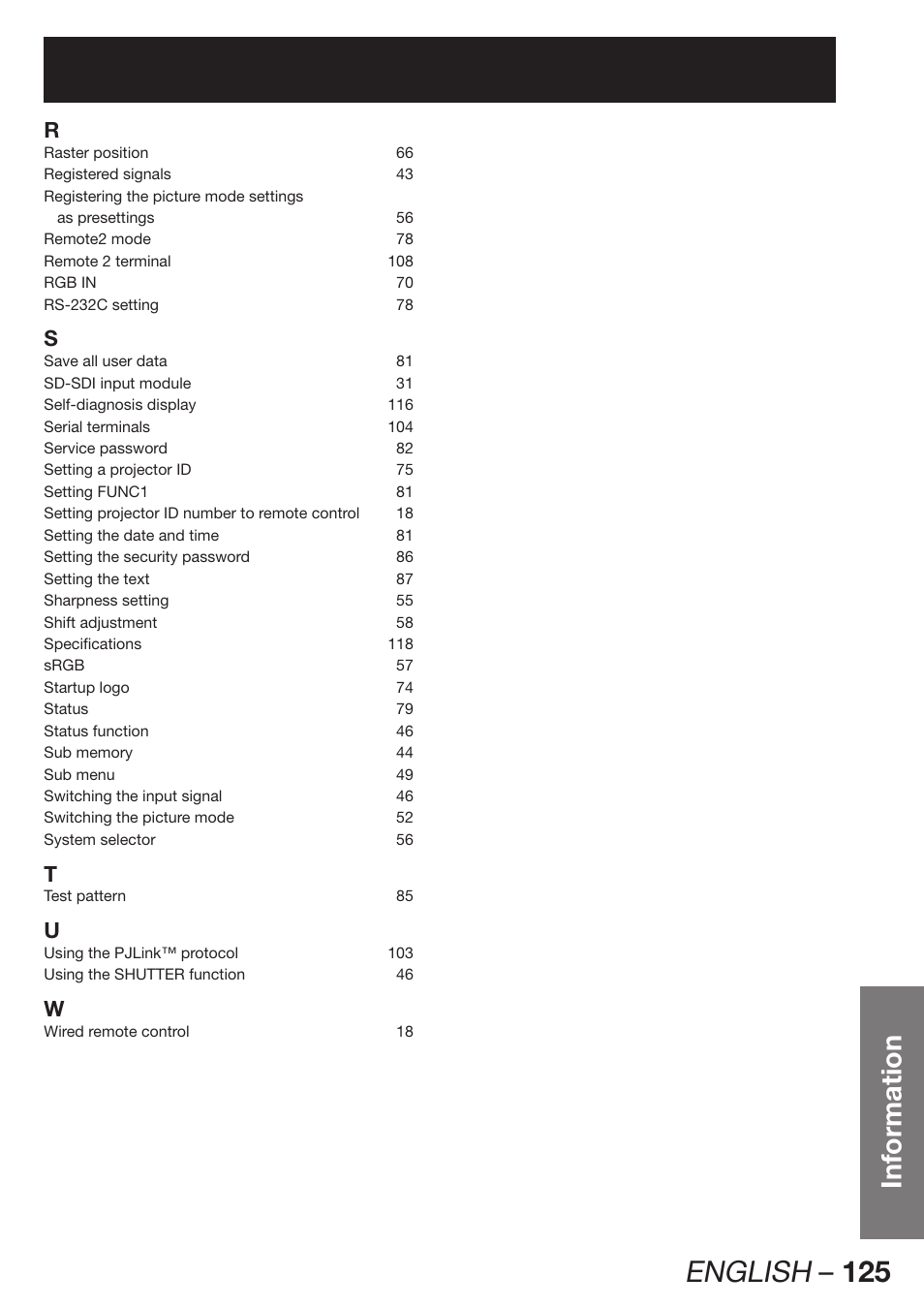 English – 125, Information | Panasonic PT-DW100E User Manual | Page 125 / 126