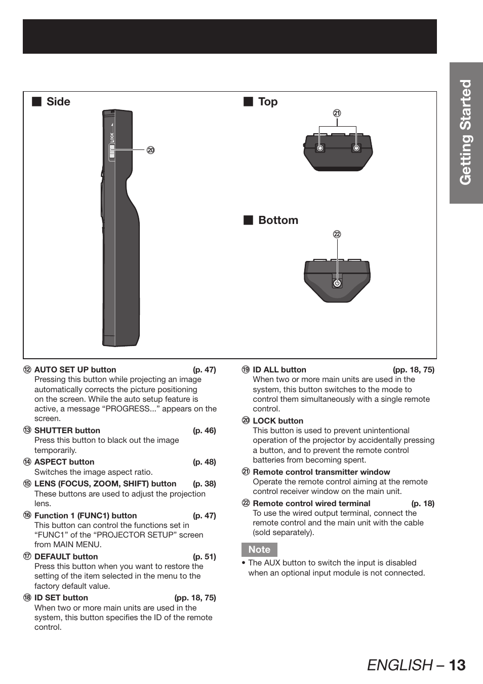 English – 13, Getting started | Panasonic PT-DW100E User Manual | Page 13 / 126