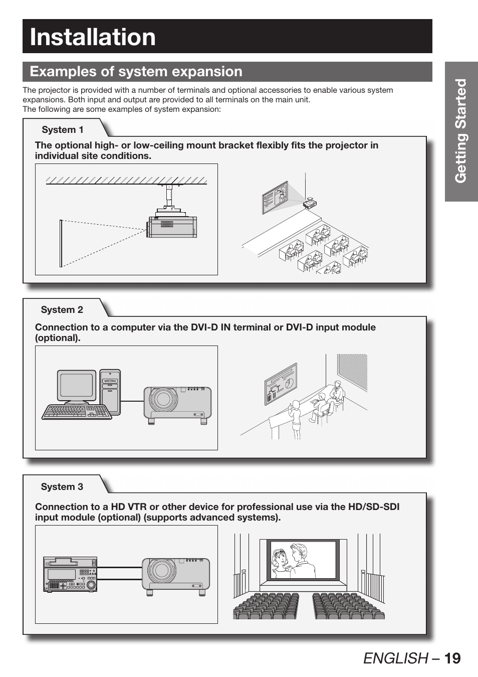 Installation, Examples of system expansion, English – 19 | Getting started | Panasonic PT-DW100E User Manual | Page 19 / 126