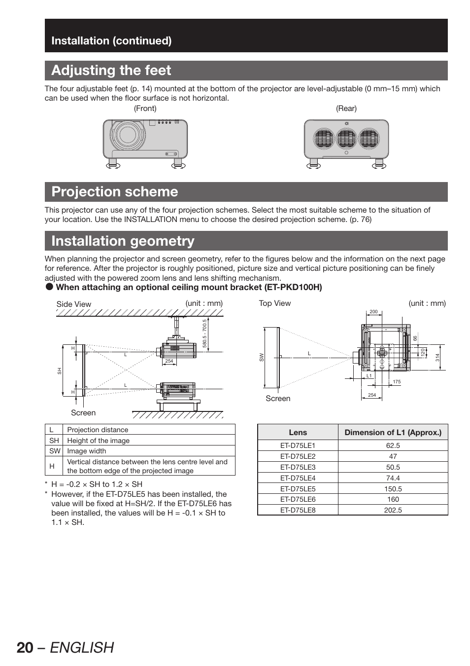 Adjusting the feet, Projection scheme, Installation geometry | 20 – english, Installation (continued) | Panasonic PT-DW100E User Manual | Page 20 / 126
