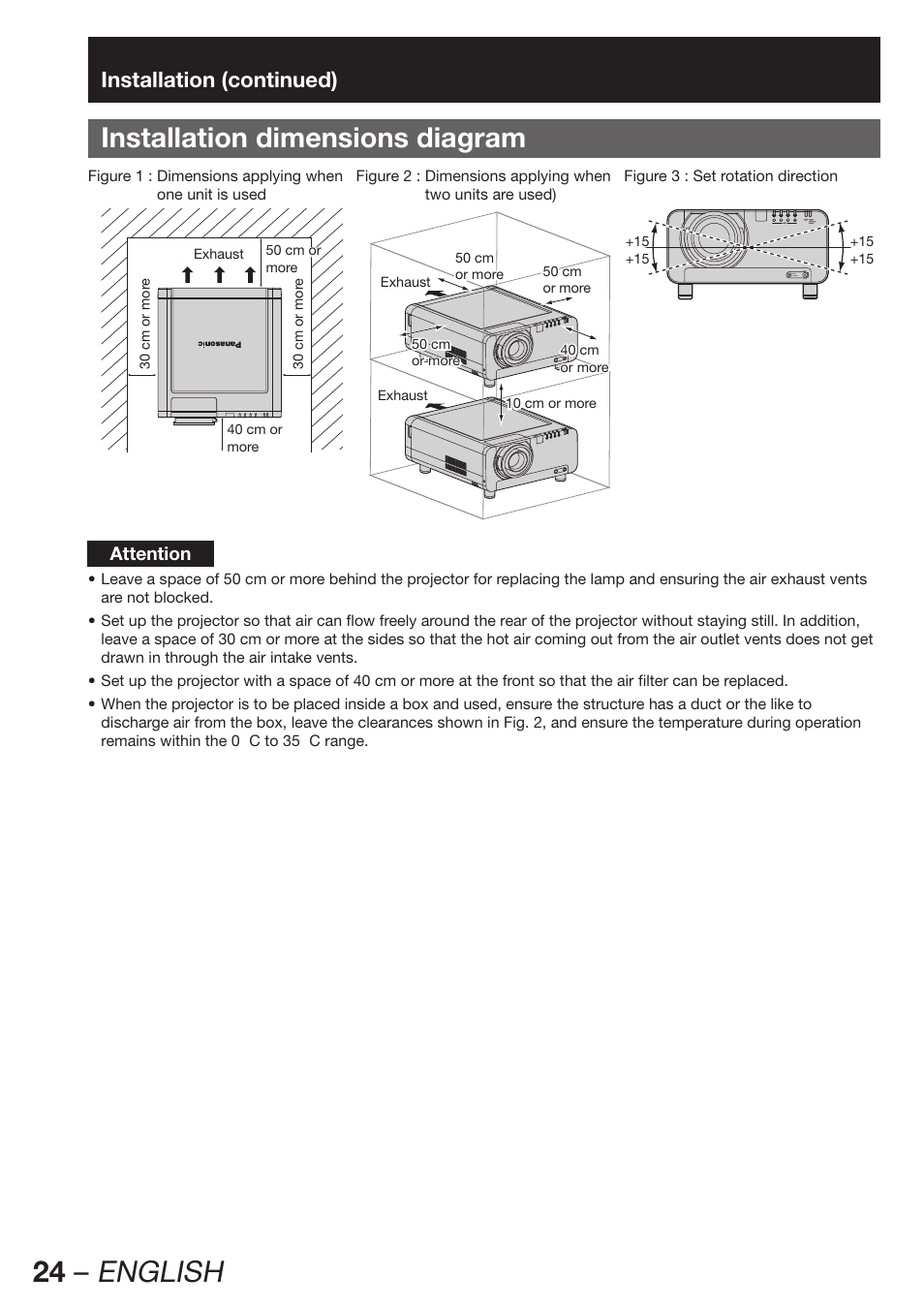 Installation dimensions diagram, 24 – english, Installation (continued) | Panasonic PT-DW100E User Manual | Page 24 / 126