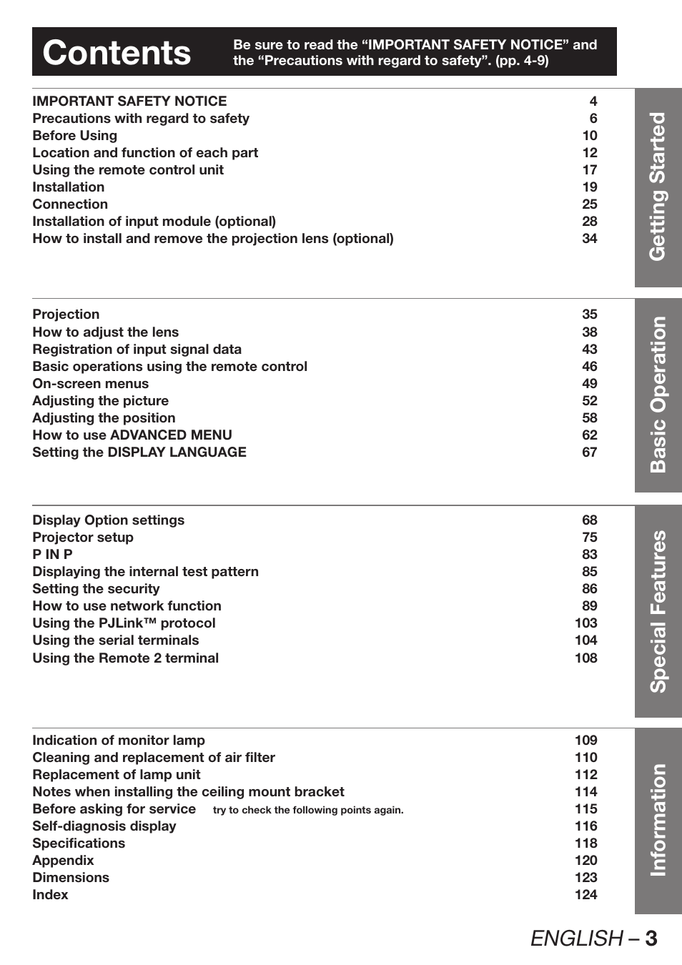 Panasonic PT-DW100E User Manual | Page 3 / 126