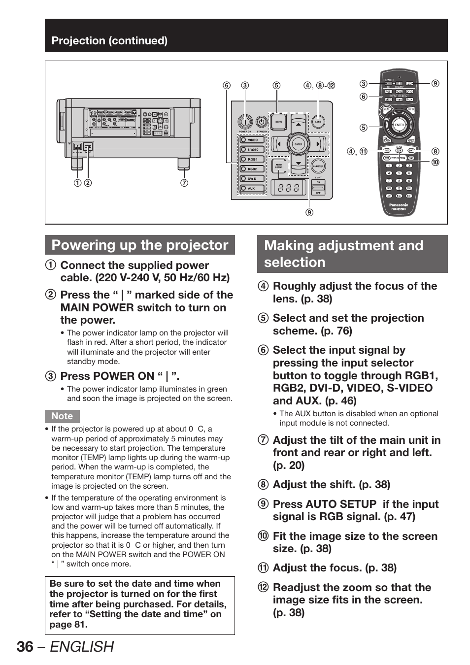 Powering up the projector, Making adjustment and selection, 36 – english | Panasonic PT-DW100E User Manual | Page 36 / 126