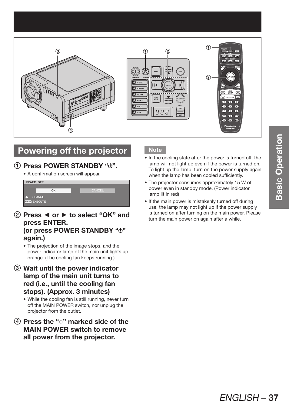 Powering off the projector, English – 37, Basic operation powering off the projector | 1 press power standby | Panasonic PT-DW100E User Manual | Page 37 / 126