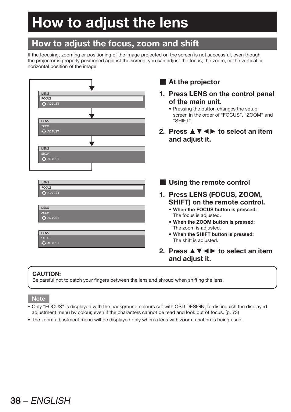 How to adjust the lens, How to adjust the focus, zoom and shift, 38 – english | Panasonic PT-DW100E User Manual | Page 38 / 126