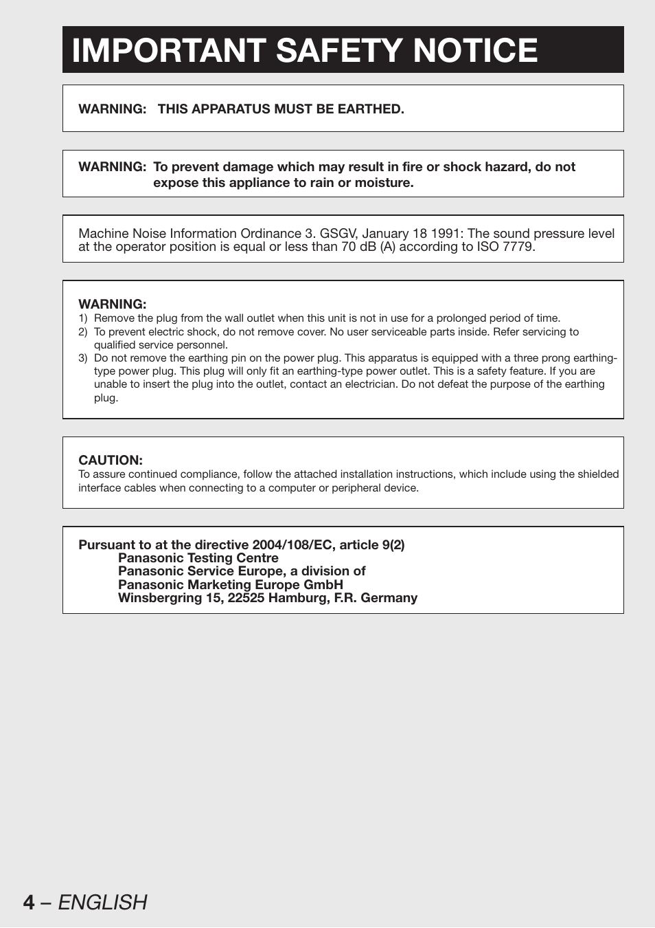 Important safety notice, 4 – english | Panasonic PT-DW100E User Manual | Page 4 / 126