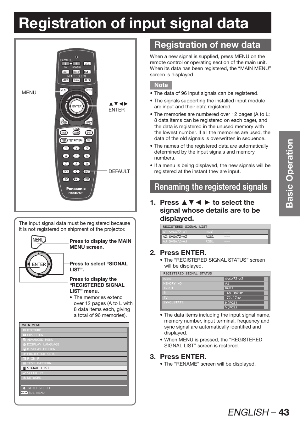 Registration of input signal data, Registration of new data, Renaming the registered signals | English – 43, Basic operation, Press enter. 2, Press enter. 3 | Panasonic PT-DW100E User Manual | Page 43 / 126