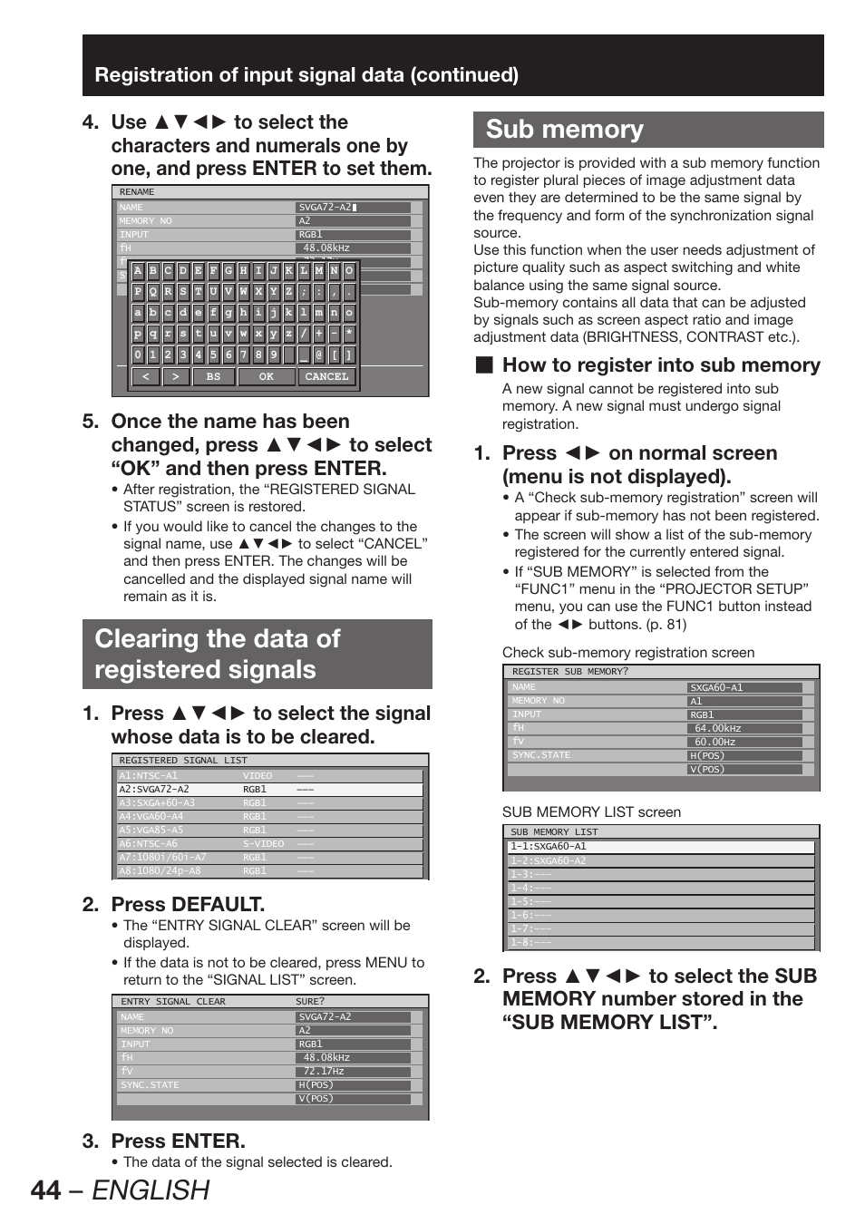 Clearing the data of registered signals, Sub memory, 44 – english | Press default. 2, Press enter. 3 | Panasonic PT-DW100E User Manual | Page 44 / 126