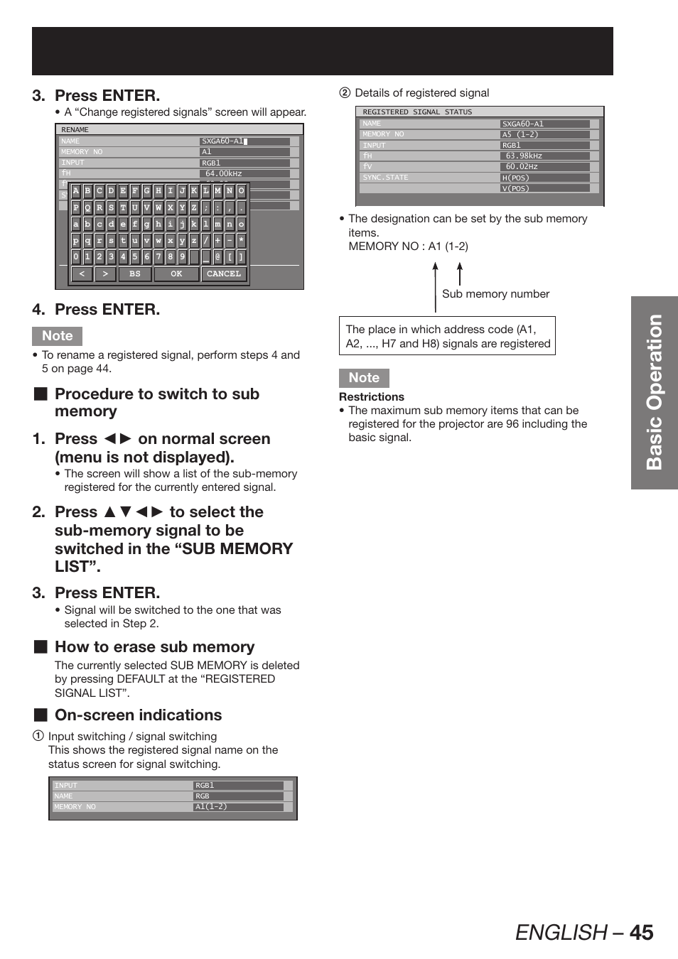 English – 45, Basic operation, Press enter. 3 | Press enter. 4, Procedure to switch to sub, On-screen indications | Panasonic PT-DW100E User Manual | Page 45 / 126