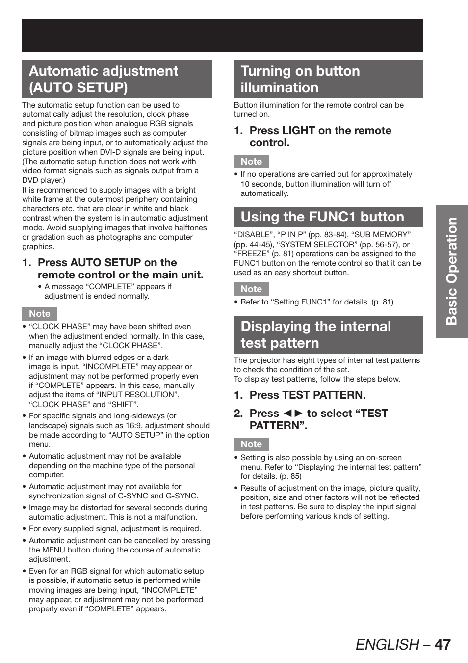 Automatic adjustment(auto setup), Turning on button illumination, Using the func1 button | Displaying the internal test pattern, English – 47, Basic operation automatic adjustment (auto setup), Press light on the remote 1. control | Panasonic PT-DW100E User Manual | Page 47 / 126