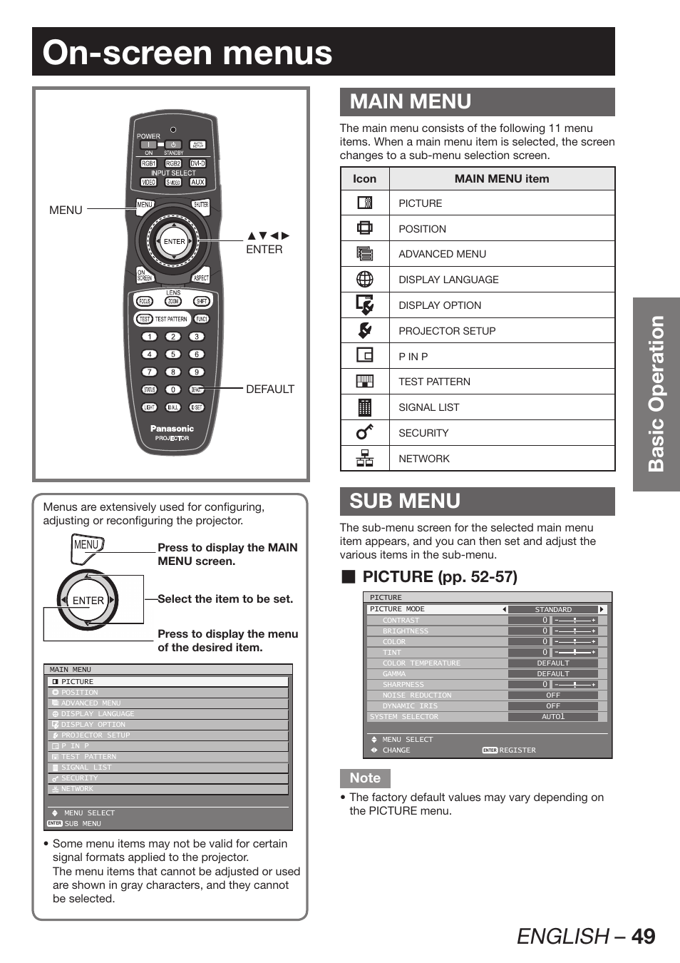 On-screen menus, Main menu, Sub menu | English – 49, Basic operation, Picture (pp. 52-57) | Panasonic PT-DW100E User Manual | Page 49 / 126
