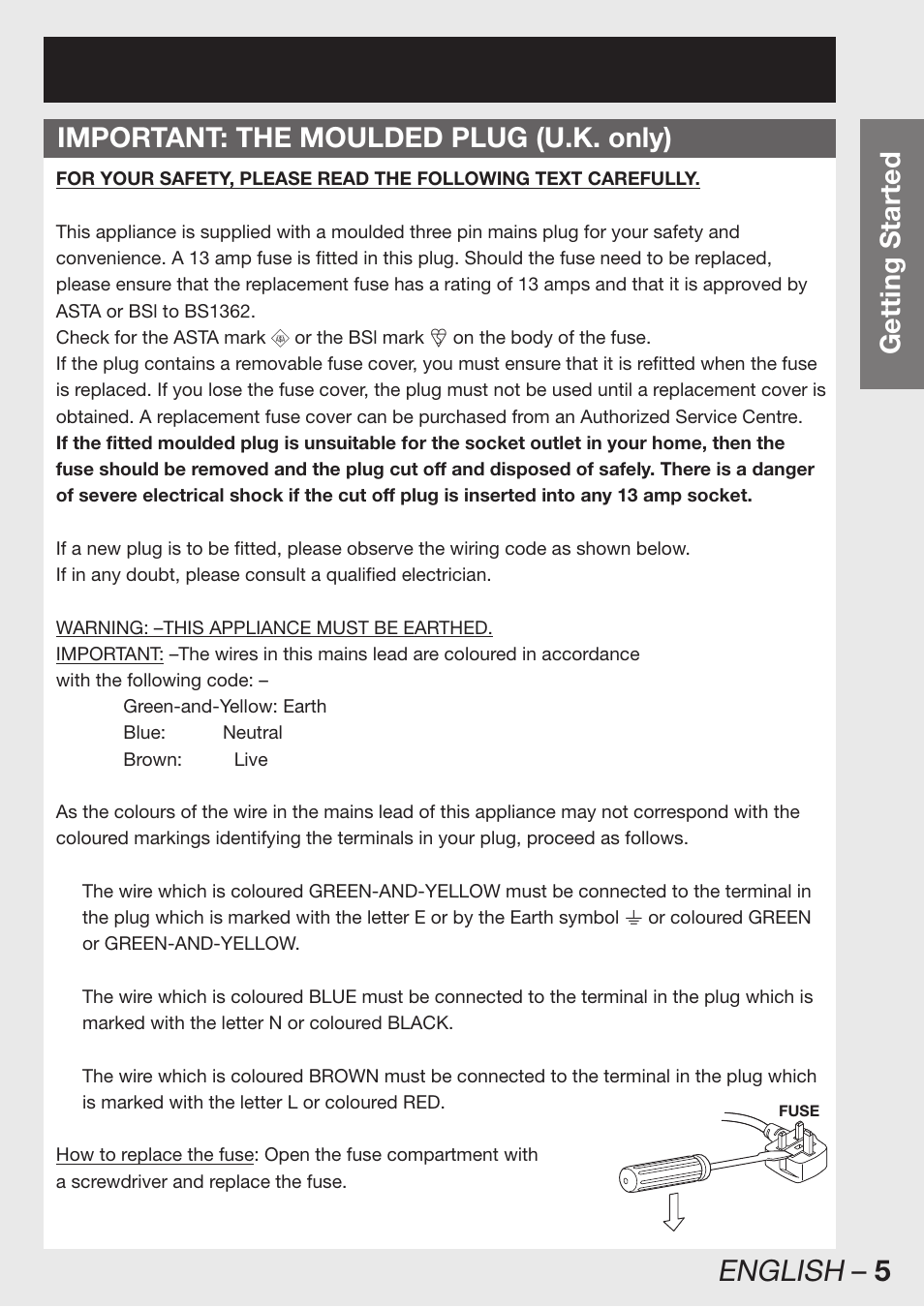 Important: the moulded plug (u.k. only), English – 5, Getting started | Panasonic PT-DW100E User Manual | Page 5 / 126