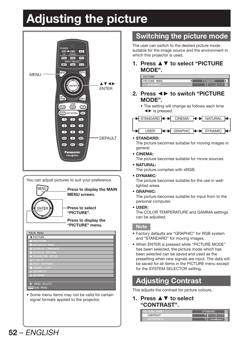 Adjusting the picture, Switching the picture mode, Adjusting contrast | 52 – english, Press ▲▼ to select “picture 1. mode, Press ◄► to switch “picture 2. mode, Press ▲▼ to select 1. “contrast | Panasonic PT-DW100E User Manual | Page 52 / 126