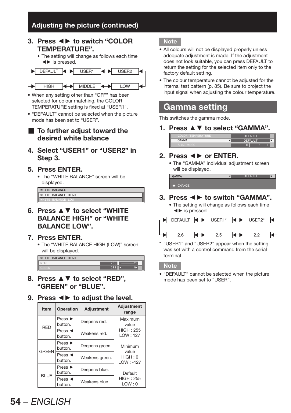 Gamma setting, 54 – english, Press ▲▼ to select “gamma”. 1 | Press ◄► or enter. 2, Press ◄► to switch “gamma”. 3 | Panasonic PT-DW100E User Manual | Page 54 / 126