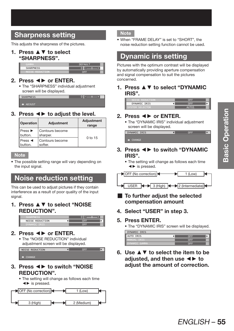 Sharpness setting, Noise reduction setting, Dynamic iris setting | English – 55, Basic operation sharpness setting, Press ▲▼ to select 1. “sharpness, Press ◄► or enter. 2, Press ◄► to adjust the level. 3, Press ▲▼ to select “noise 1. reduction, Press ◄► to switch “noise 3. reduction | Panasonic PT-DW100E User Manual | Page 55 / 126