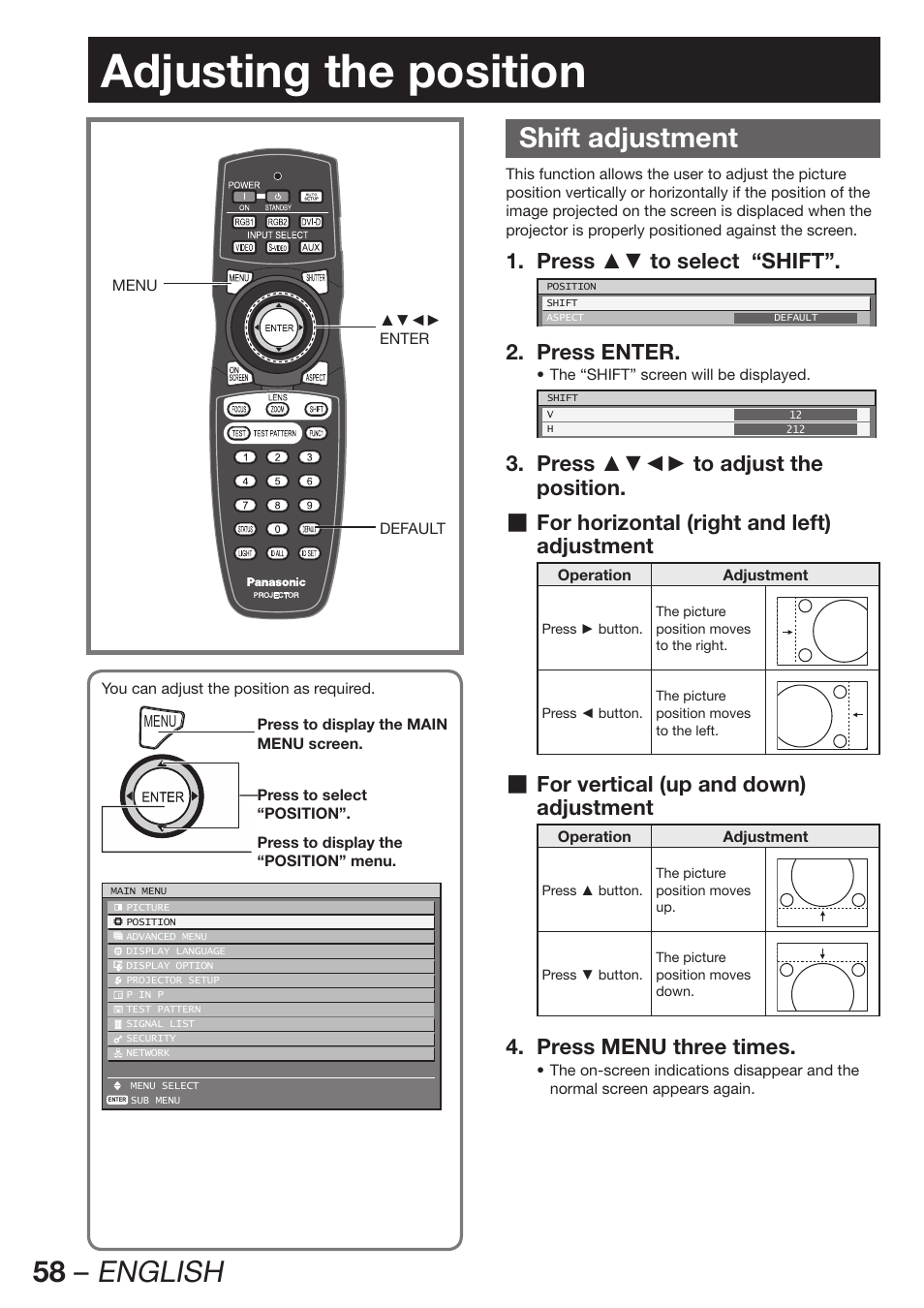Adjusting the position, Shift adjustment, 58 – english | Press ▲▼ to select “shift”. 1, Press enter. 2, Adjustment, For vertical (up and down), Press menu three times. 4 | Panasonic PT-DW100E User Manual | Page 58 / 126