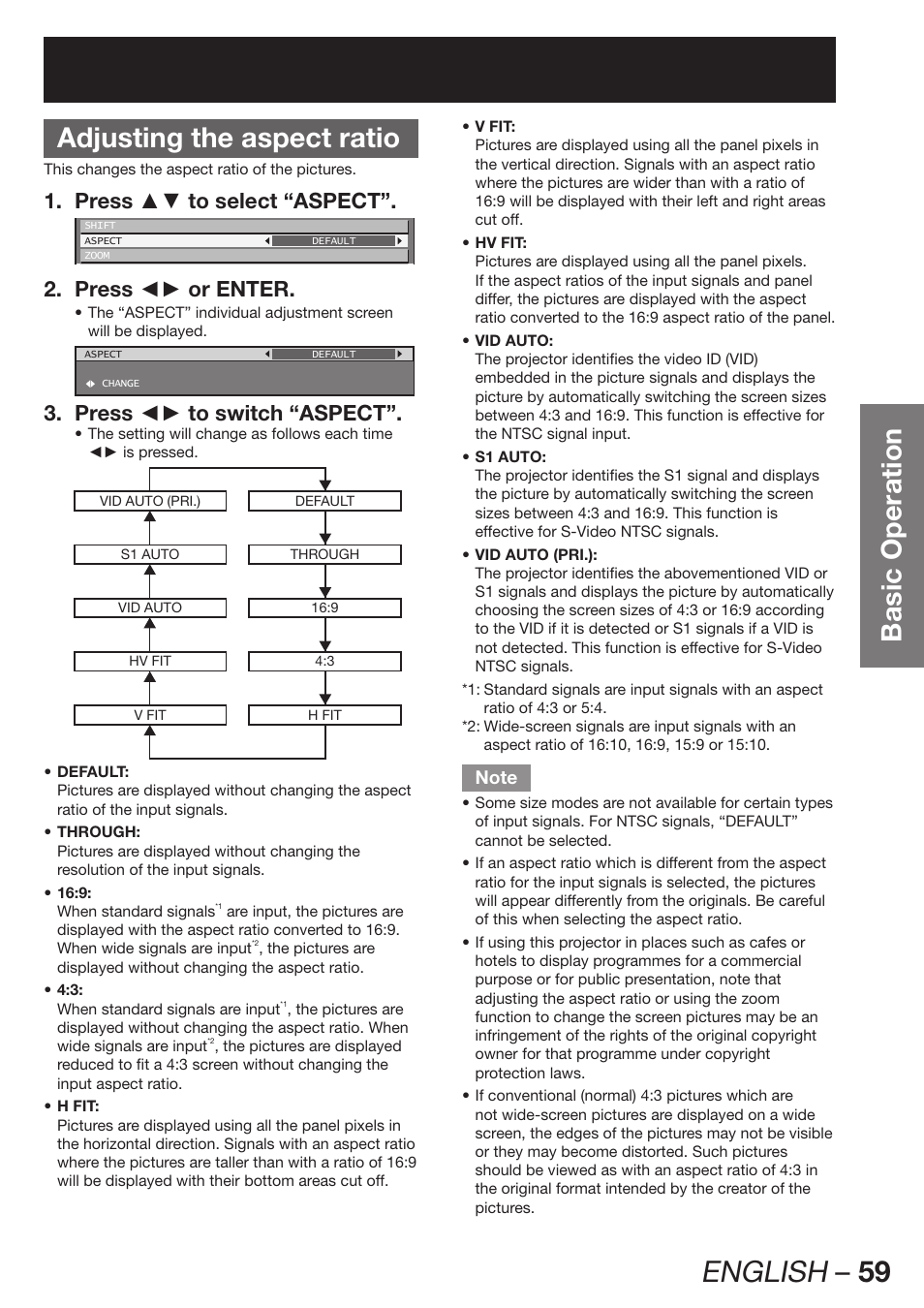 Adjusting the aspect ratio, English – 59, Basic operation adjusting the aspect ratio | Press ▲▼ to select “aspect”. 1, Press ◄► or enter. 2, Press ◄► to switch “aspect”. 3 | Panasonic PT-DW100E User Manual | Page 59 / 126