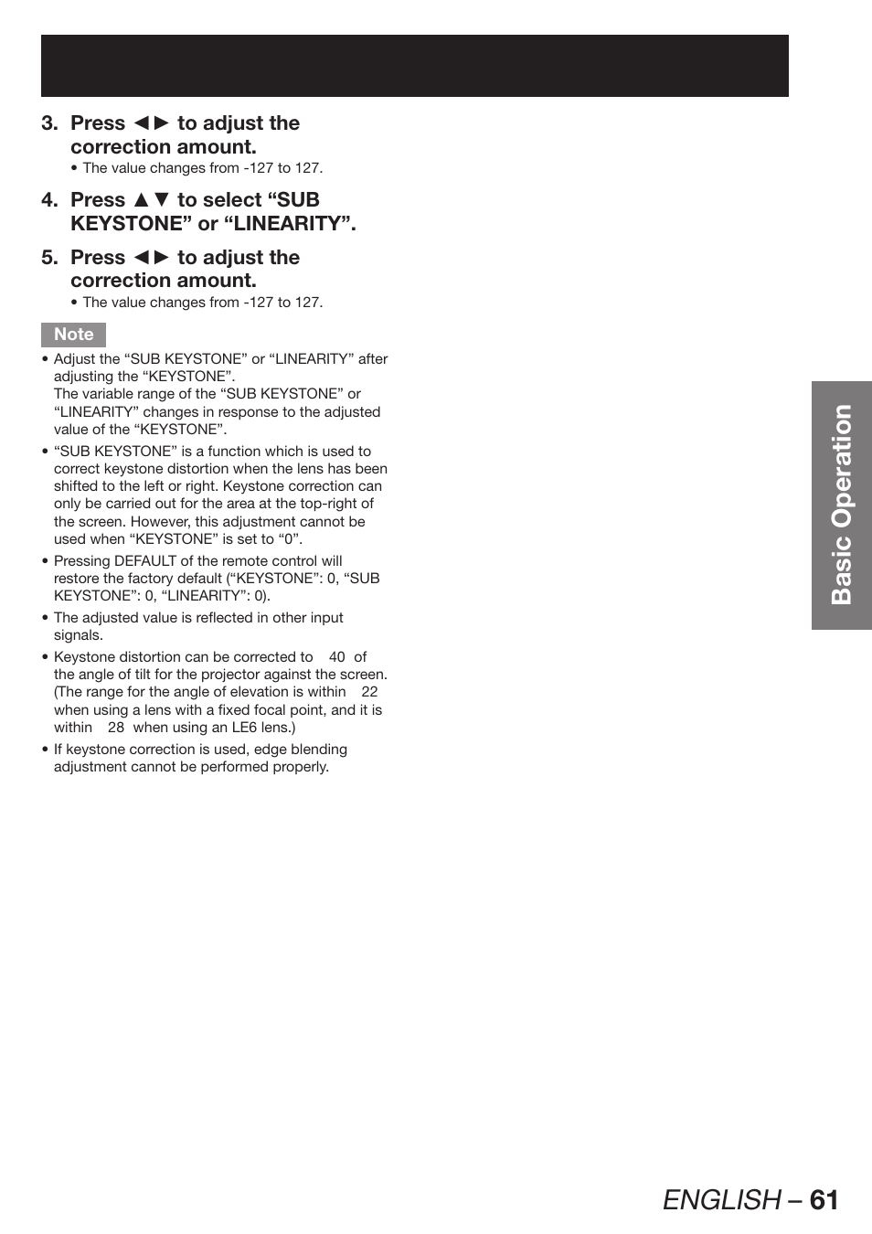 English – 61, Basic operation | Panasonic PT-DW100E User Manual | Page 61 / 126