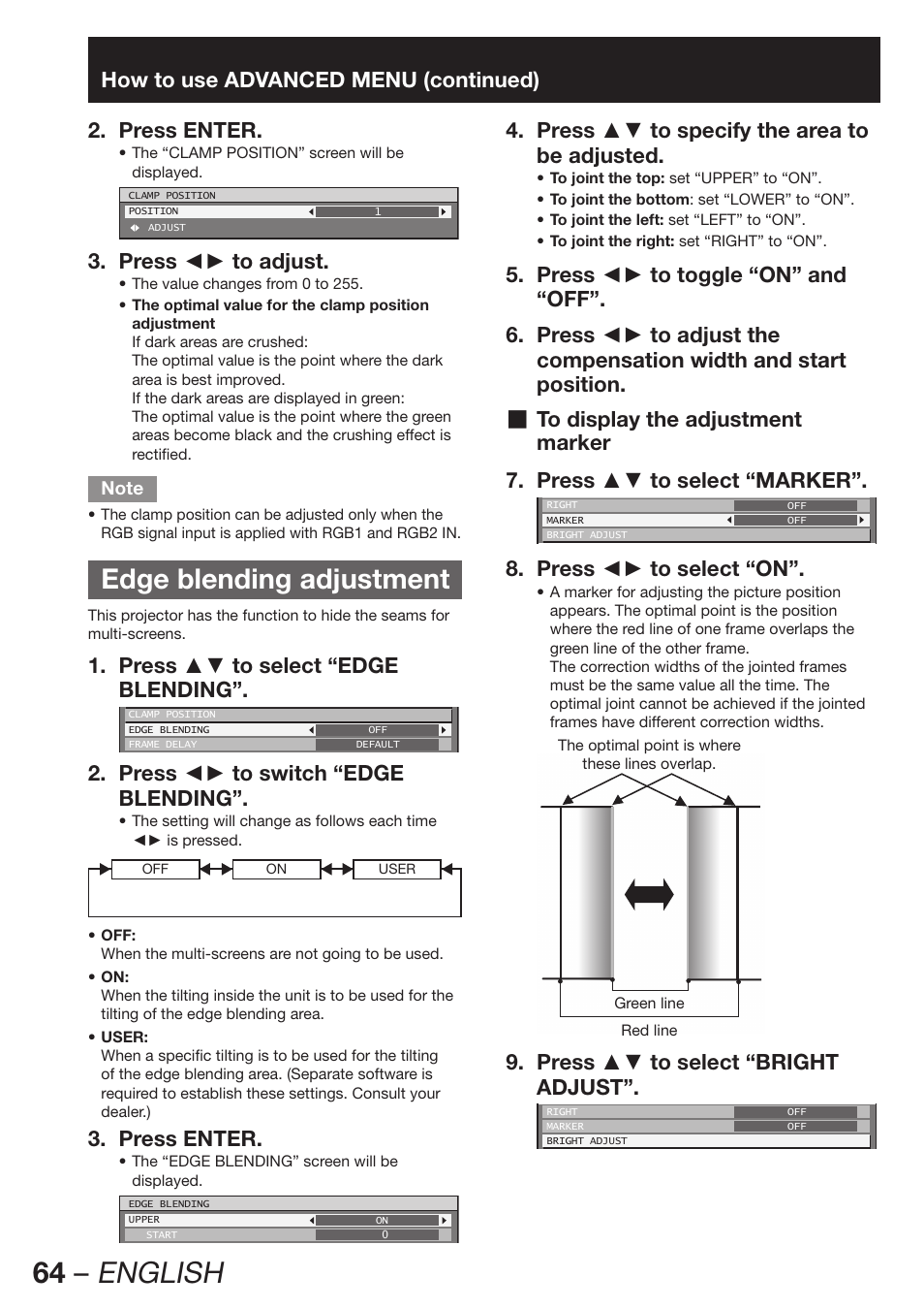 Edge blending adjustment, 64 – english, Press ◄► to adjust. 3 | Press ▲▼ to select “edge 1. blending, Press ◄► to switch “edge 2. blending, Press enter. 3, Press ▲▼ to specify the area to 4. be adjusted, Marker press ▲▼ to select “marker”. 7, Press ◄► to select “on”. 8, Press ▲▼ to select “bright 9. adjust | Panasonic PT-DW100E User Manual | Page 64 / 126
