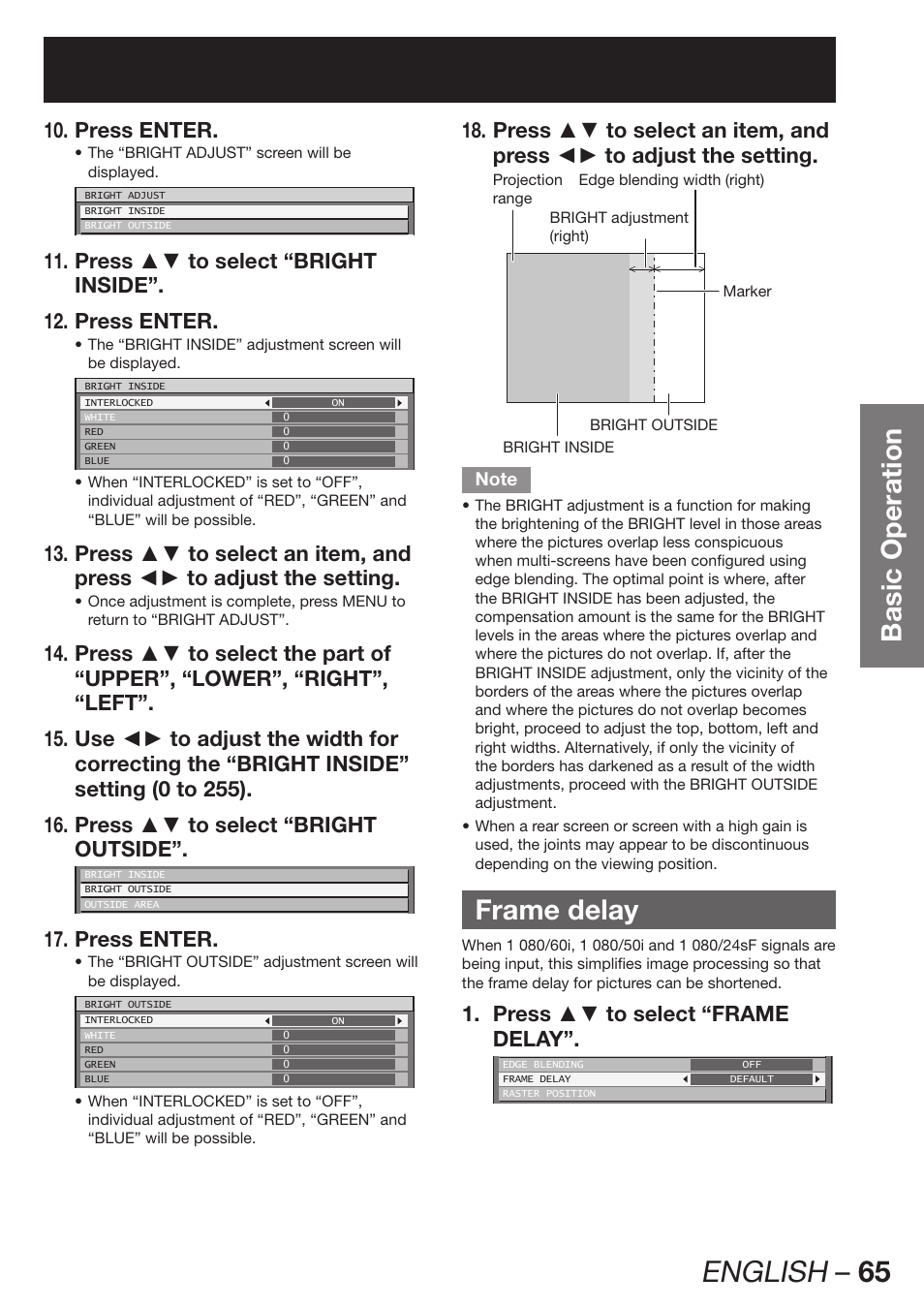 Frame delay, English – 65, Basic operation | Press enter. 10, Press enter. 17, Press ▲▼ to select “frame 1. delay | Panasonic PT-DW100E User Manual | Page 65 / 126