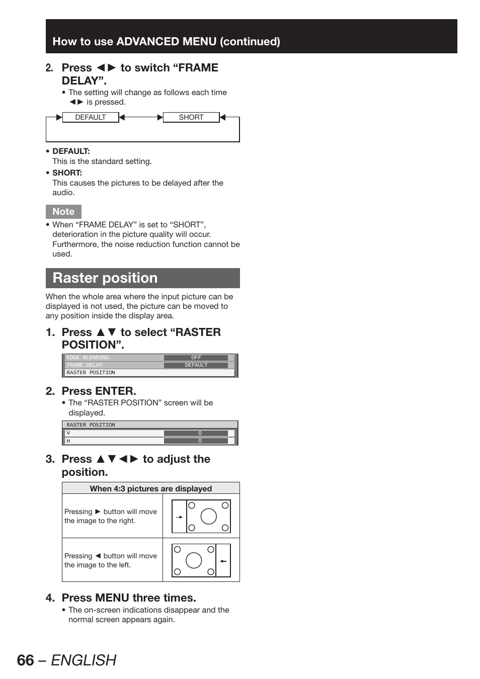 Raster position, 66 – english, Press ▲▼ to select “raster 1. position | Press enter. 2, Press ▲▼◄► to adjust the 3. position, Press menu three times. 4 | Panasonic PT-DW100E User Manual | Page 66 / 126