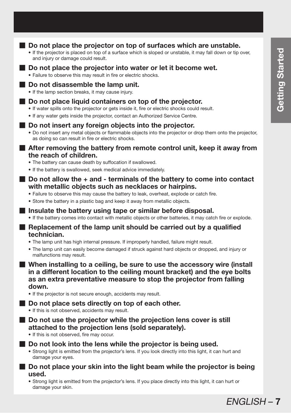 English – 7, Getting started | Panasonic PT-DW100E User Manual | Page 7 / 126