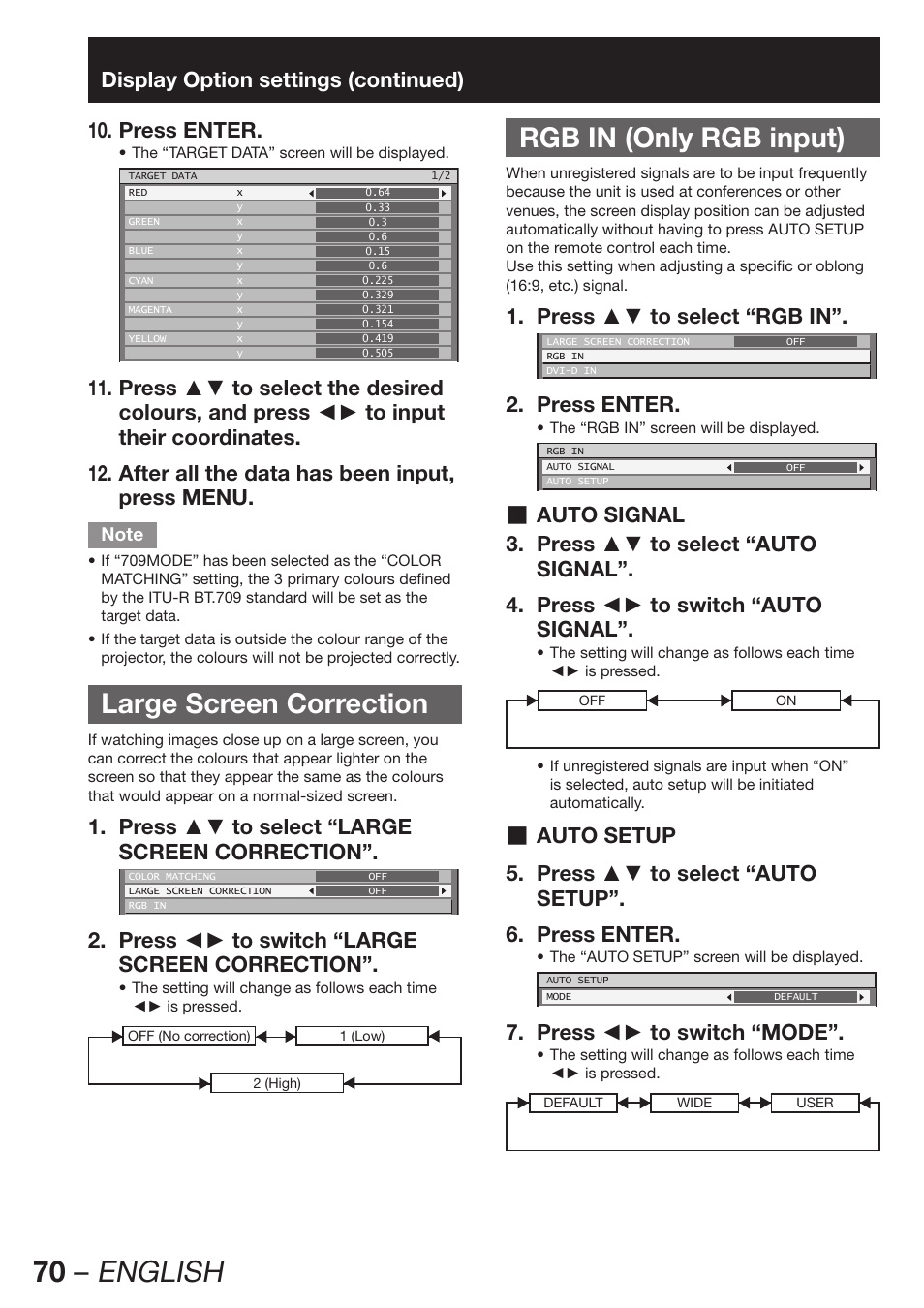 Large screen correction, Rgb in (only rgb input), 70 – english | Press ▲▼ to select “large 1. screen correction, Press ◄► to switch “large 2. screen correction, Press ▲▼ to select “rgb in”. 1, Press enter. 2, Auto signal, Auto setup, Press ▲▼ to select “auto 5. setup”. press enter. 6 | Panasonic PT-DW100E User Manual | Page 70 / 126