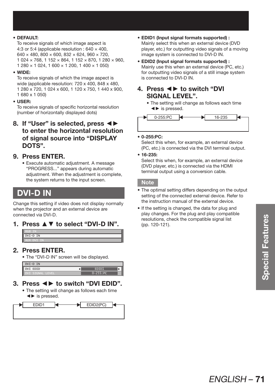 Dvi-d in, English – 71, Special featur es | Press ▲▼ to select “dvi-d in”. 1, Press enter. 2, Press ◄► to switch “dvi edid”. 3, Press ◄► to switch “dvi 4. signal level | Panasonic PT-DW100E User Manual | Page 71 / 126