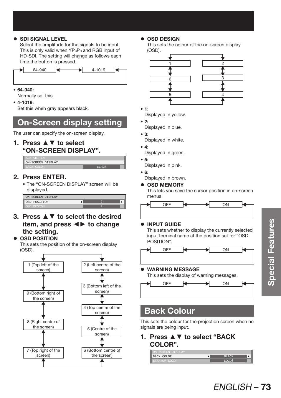 On-screen display setting, Back colour, English – 73 | Special featur es, Press ▲▼ to select 1. “on-screen display, Press enter. 2, Press ▲▼ to select “back 1. color | Panasonic PT-DW100E User Manual | Page 73 / 126