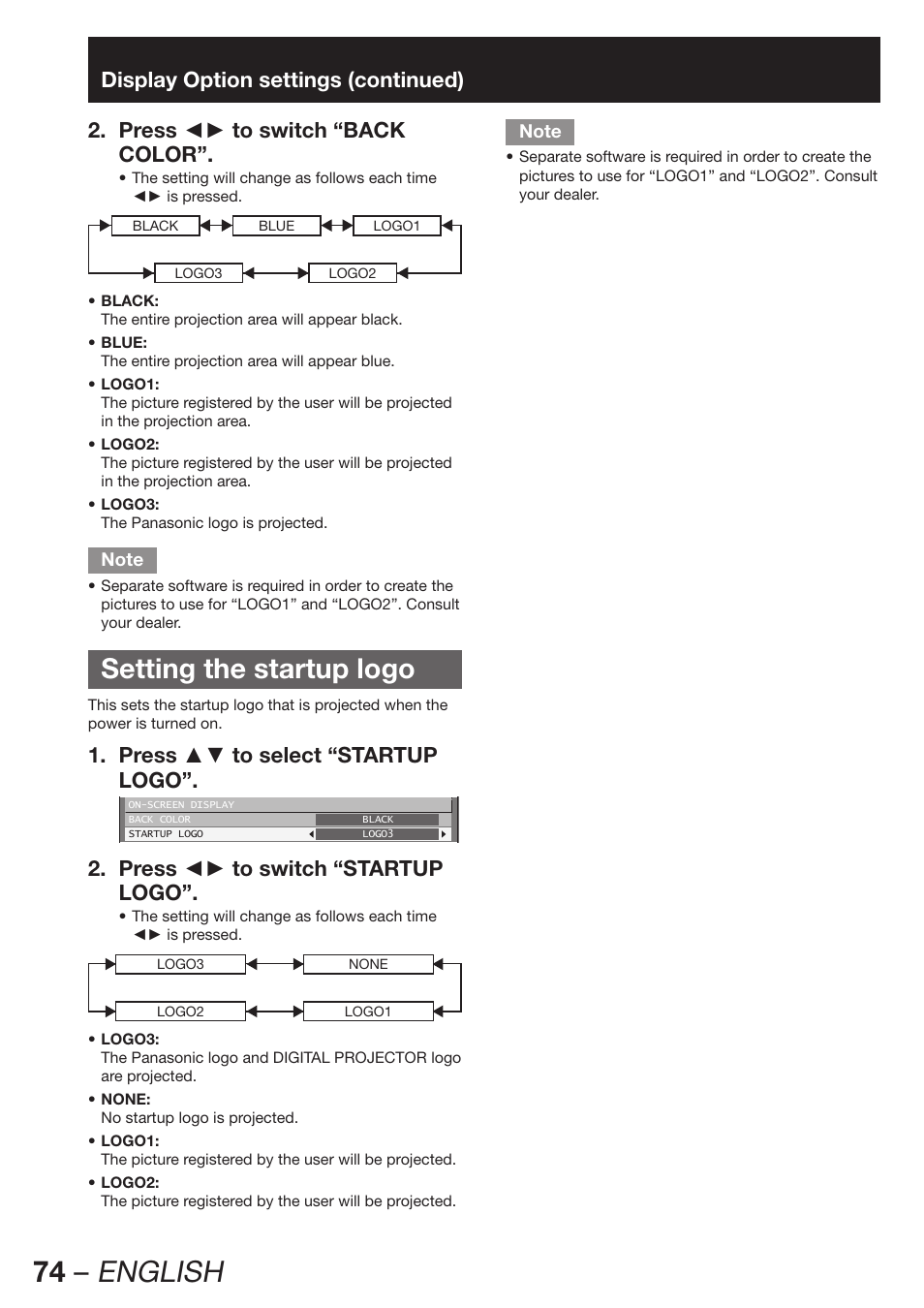 Setting the startup logo, 74 – english, Press ▲▼ to select “startup 1. logo | Press ◄► to switch “startup 2. logo | Panasonic PT-DW100E User Manual | Page 74 / 126