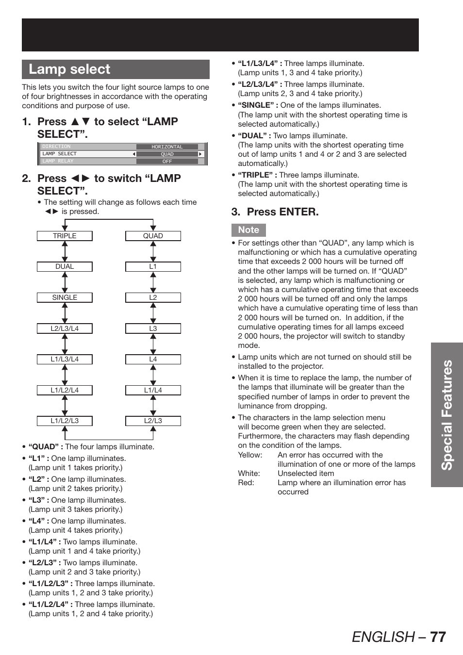 Lamp select, English – 77, Special featur es lamp select | Press ▲▼ to select “lamp 1. select, Press ◄► to switch “lamp 2. select, Press enter. 3 | Panasonic PT-DW100E User Manual | Page 77 / 126