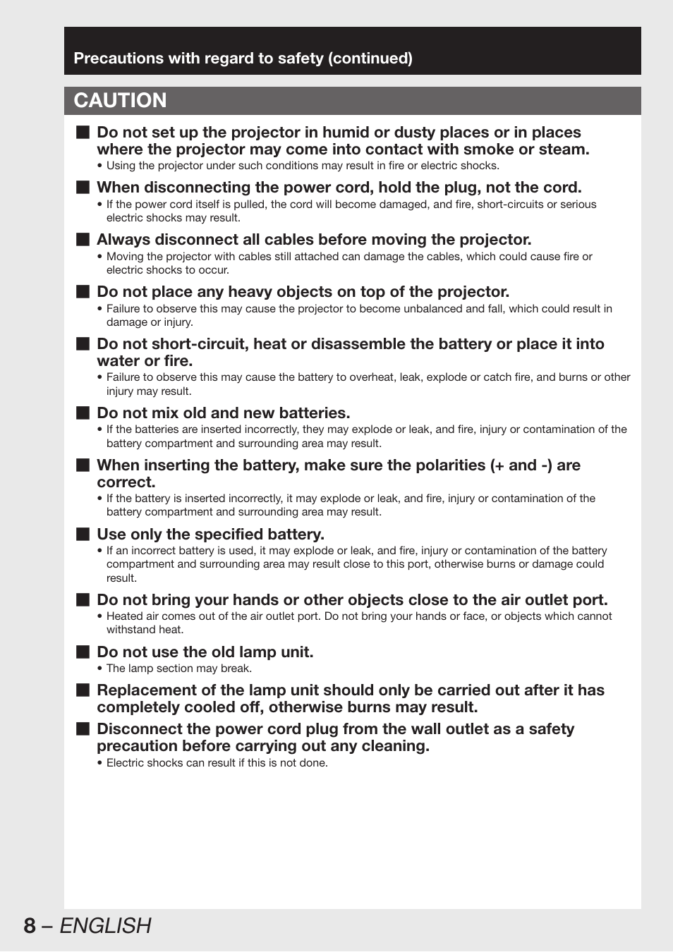 Caution, 8 – english | Panasonic PT-DW100E User Manual | Page 8 / 126