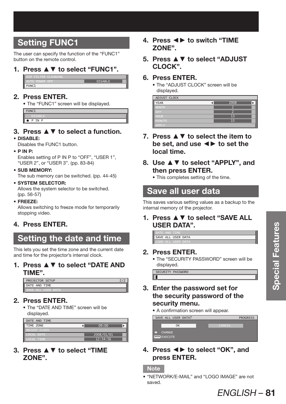 Setting func1, Setting the date and time, Save all user data | English – 81, Special featur es setting func1, Press ▲▼ to select “func1”. 1, Press enter. 2, Press ▲▼ to select a function. 3, Press enter. 4, Press ▲▼ to select “date and 1. time | Panasonic PT-DW100E User Manual | Page 81 / 126