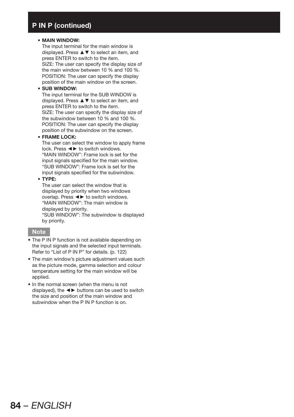 84 – english, P in p (continued) | Panasonic PT-DW100E User Manual | Page 84 / 126
