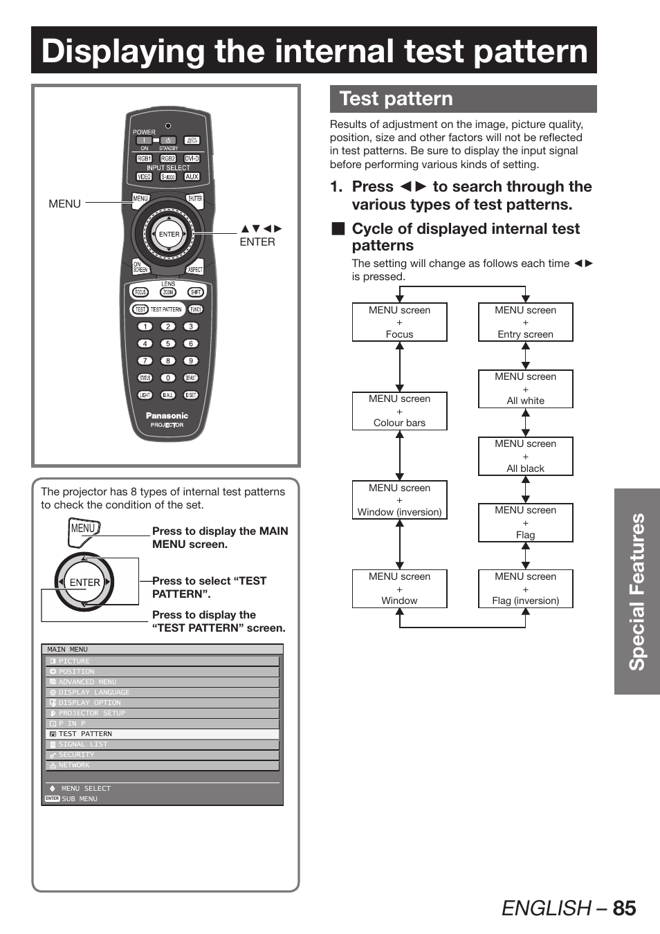 Displaying the internal test pattern, Test pattern, English – 85 | Special featur es, Patterns | Panasonic PT-DW100E User Manual | Page 85 / 126