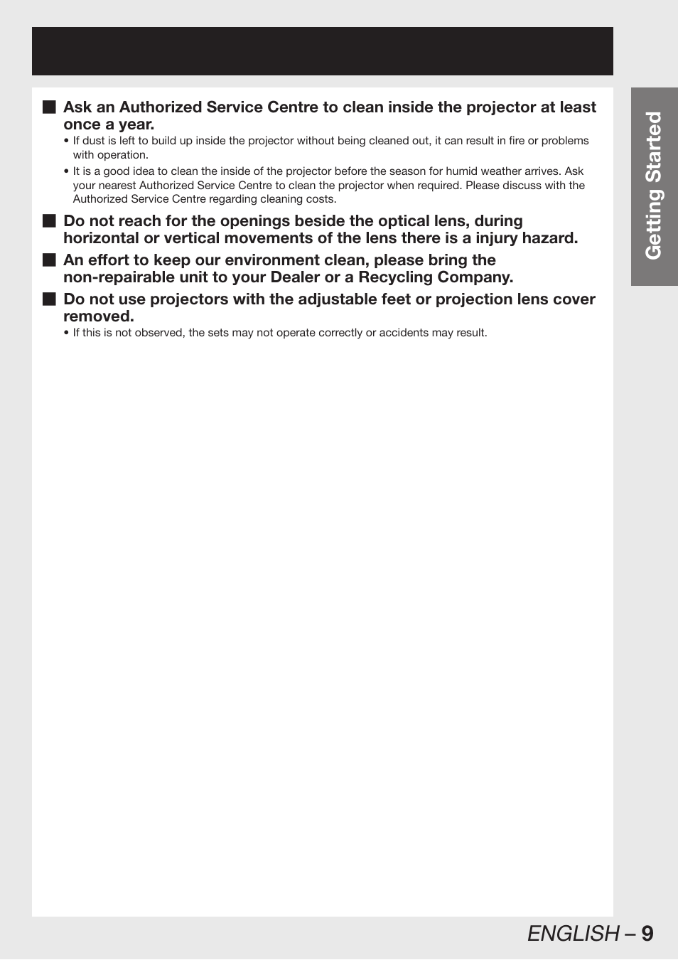 English – 9, Getting started | Panasonic PT-DW100E User Manual | Page 9 / 126