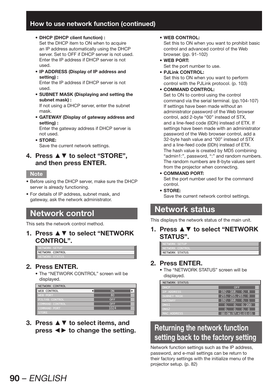 Network control, Network status, 90 – english | How to use network function (continued), Press ▲▼ to select “network 1. control, Press enter. 2, Press ▲▼ to select “network 1. status | Panasonic PT-DW100E User Manual | Page 90 / 126