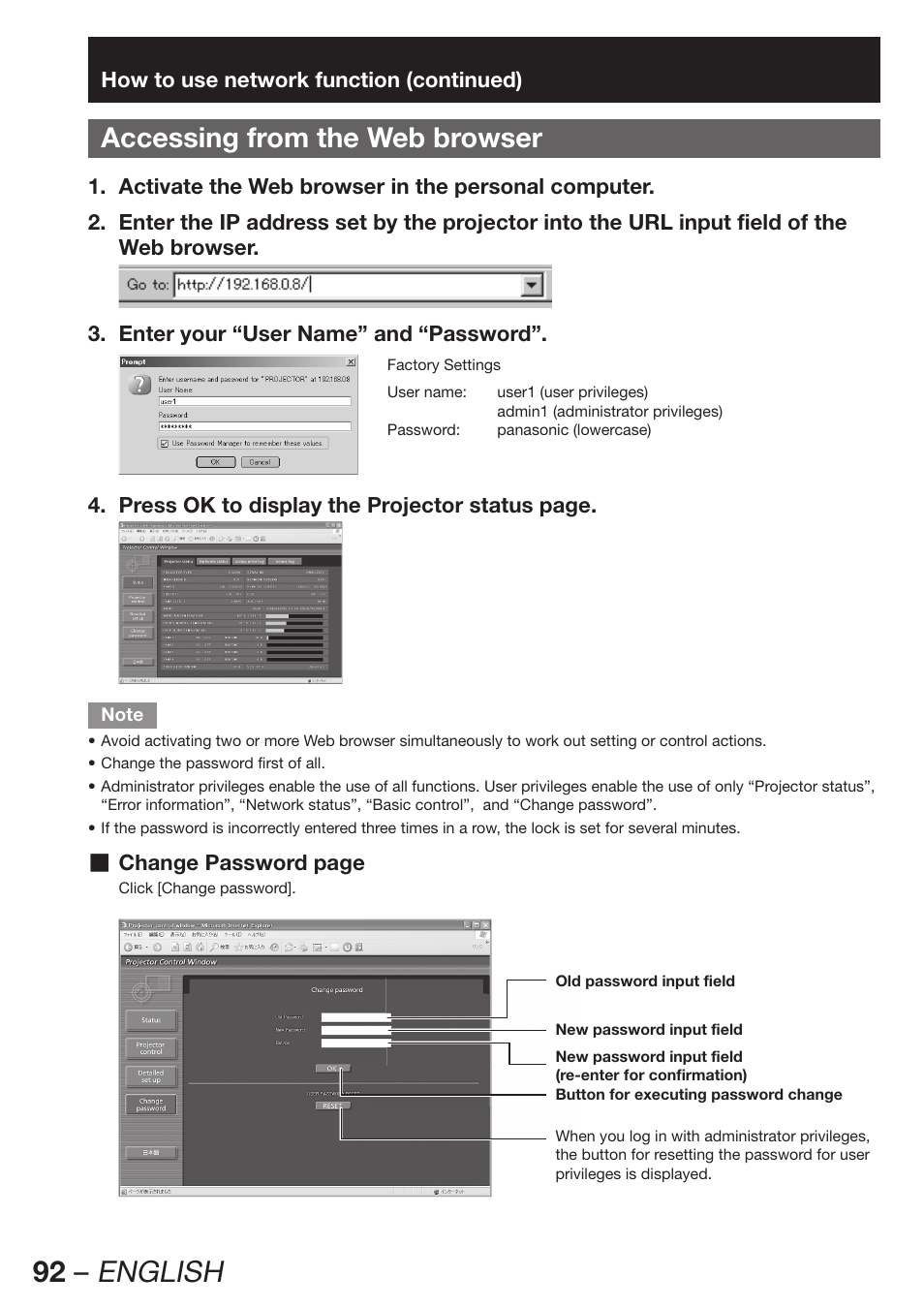 Accessing from the web browser, 92 – english | Panasonic PT-DW100E User Manual | Page 92 / 126