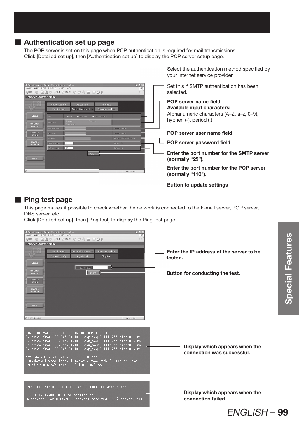 English – 99, Special featur es | Panasonic PT-DW100E User Manual | Page 99 / 126