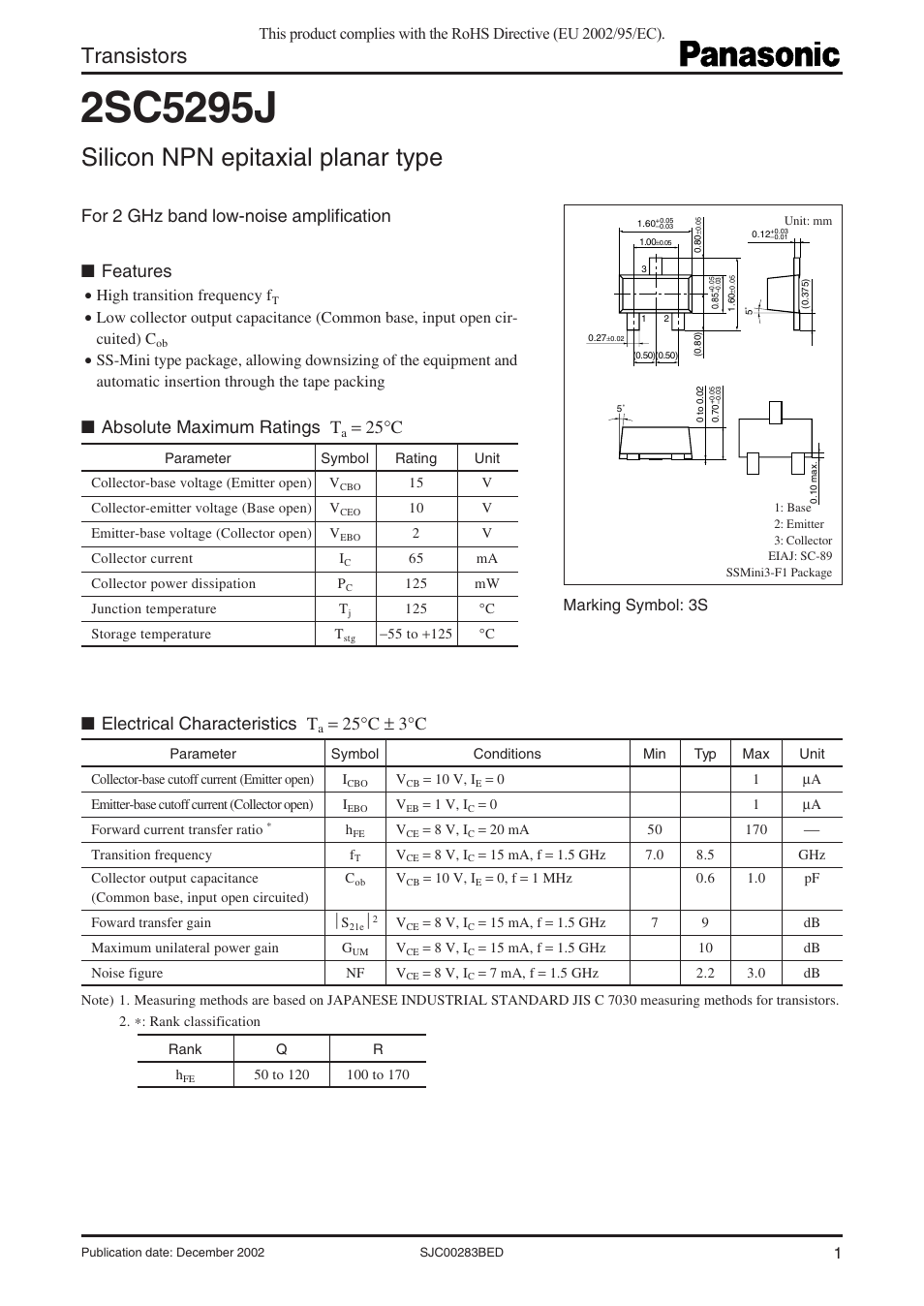 Panasonic 2SC5295J User Manual | 3 pages