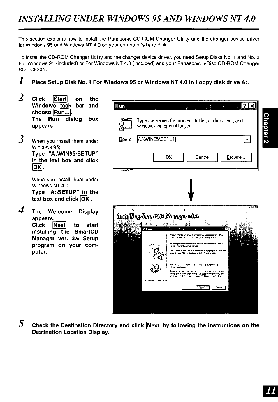 The welcome display appears, Installing under windows 95 and windows nt 4.0 | Panasonic SQ-TC520N User Manual | Page 11 / 32