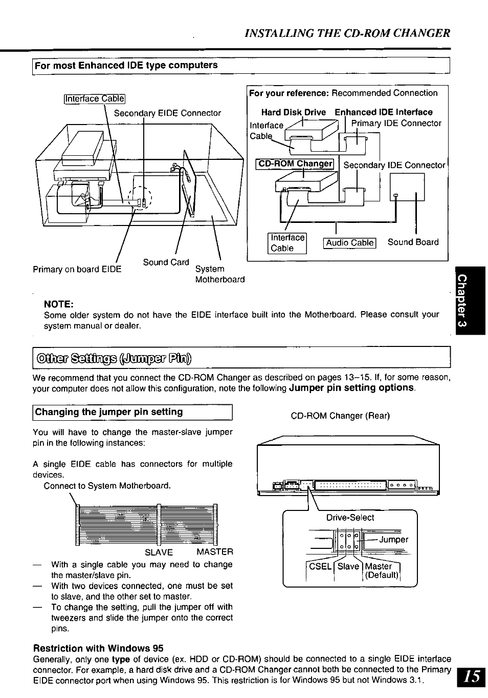 I for most enhanced ide type computers, Note, Changing the jumper pin setting | Restriction with windows 95, Installing the cd-rom changer | Panasonic SQ-TC520N User Manual | Page 15 / 32