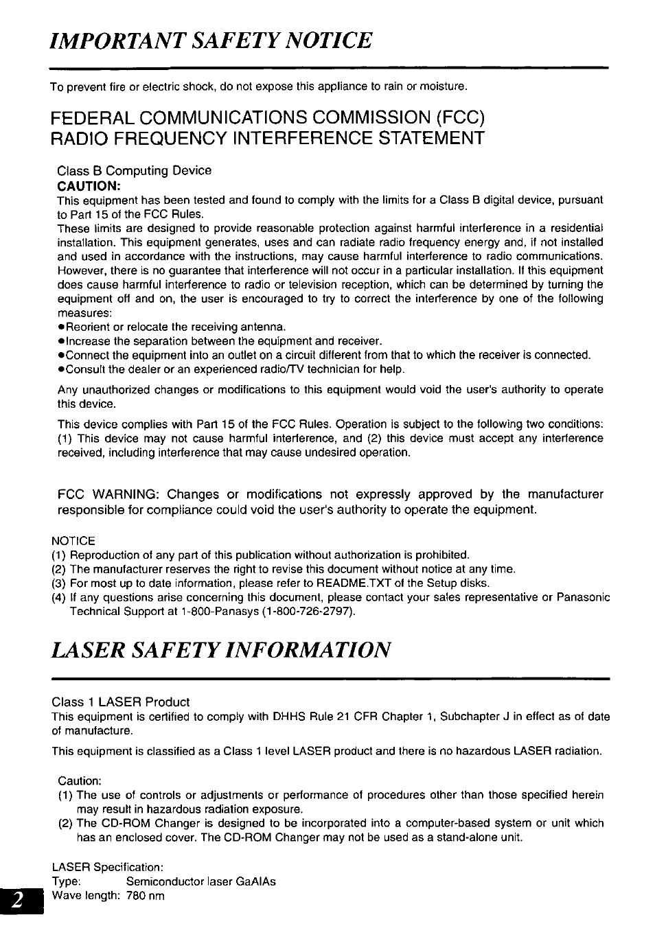 Federal communications commission (fcc), Radio frequency interference statement, Important safety notice | Laser safety information | Panasonic SQ-TC520N User Manual | Page 2 / 32