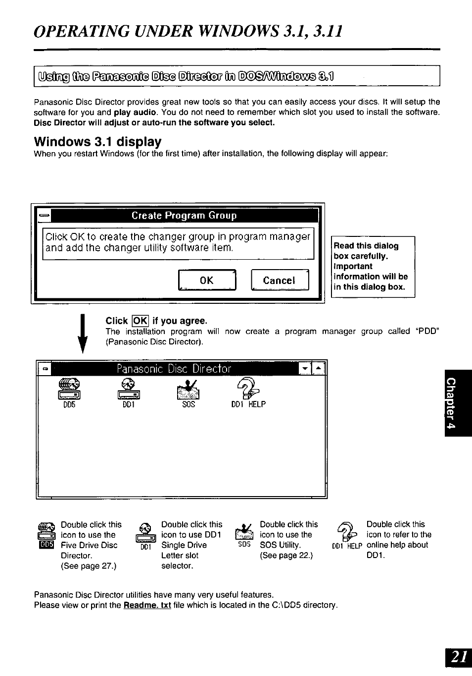 Windows 3.1 display, Create program group, Cancel | Click |ok| if you agree | Panasonic SQ-TC520N User Manual | Page 21 / 32