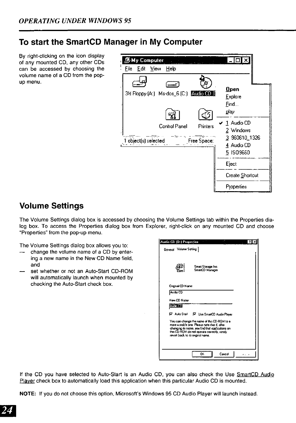 To start the smartcd manager in my computer, Volume settings, Operating under windows 95 | Jj i, Grwifiir | Panasonic SQ-TC520N User Manual | Page 24 / 32