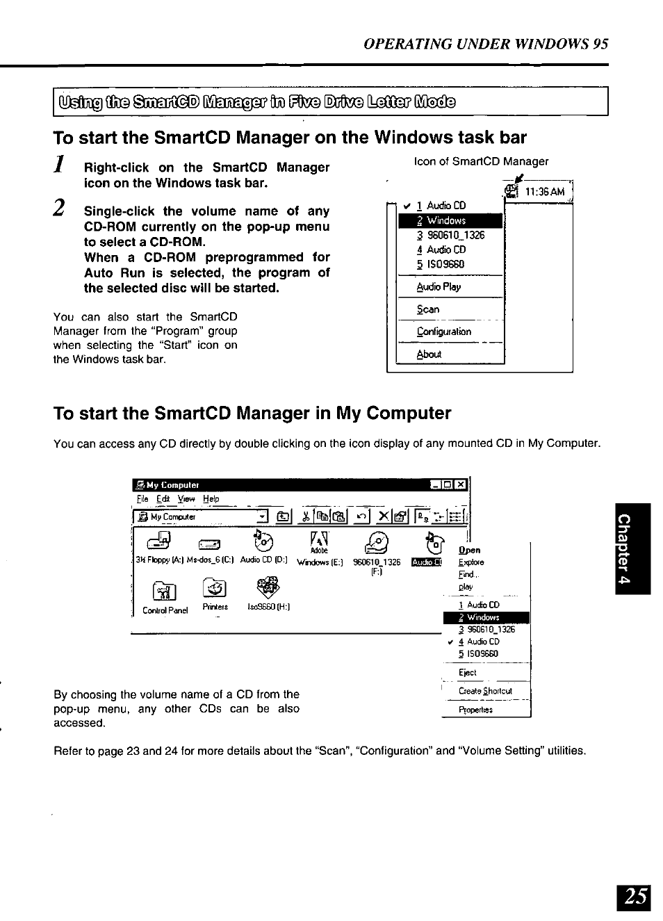 To start the smartcd manager in my computer, Operating under windows 95 | Panasonic SQ-TC520N User Manual | Page 25 / 32