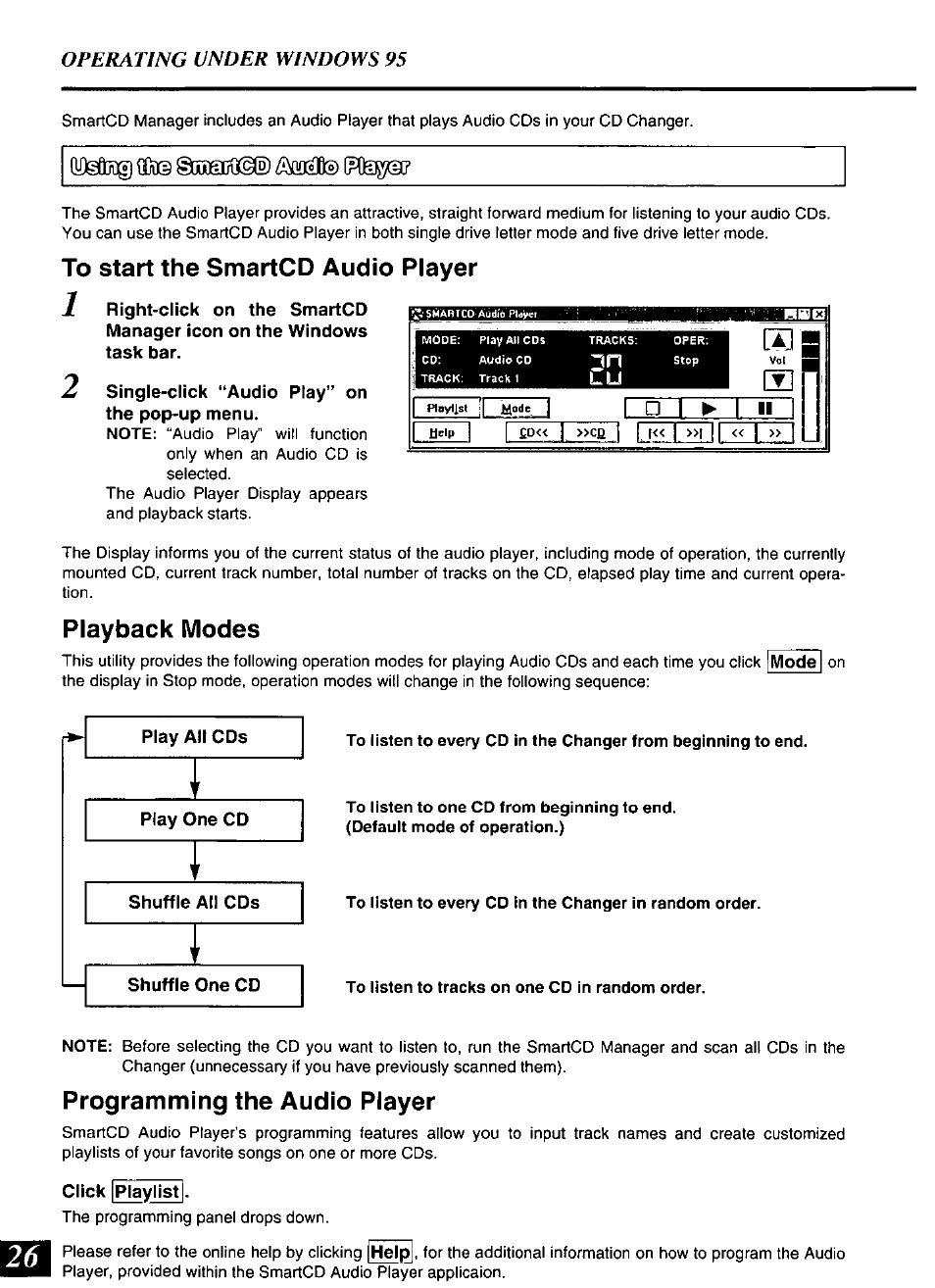 2 single-click “audio play” on the pop-up menu, Playback modes, Programming the audio player | Click |playlist, Operating vnder windows 95 | Panasonic SQ-TC520N User Manual | Page 26 / 32