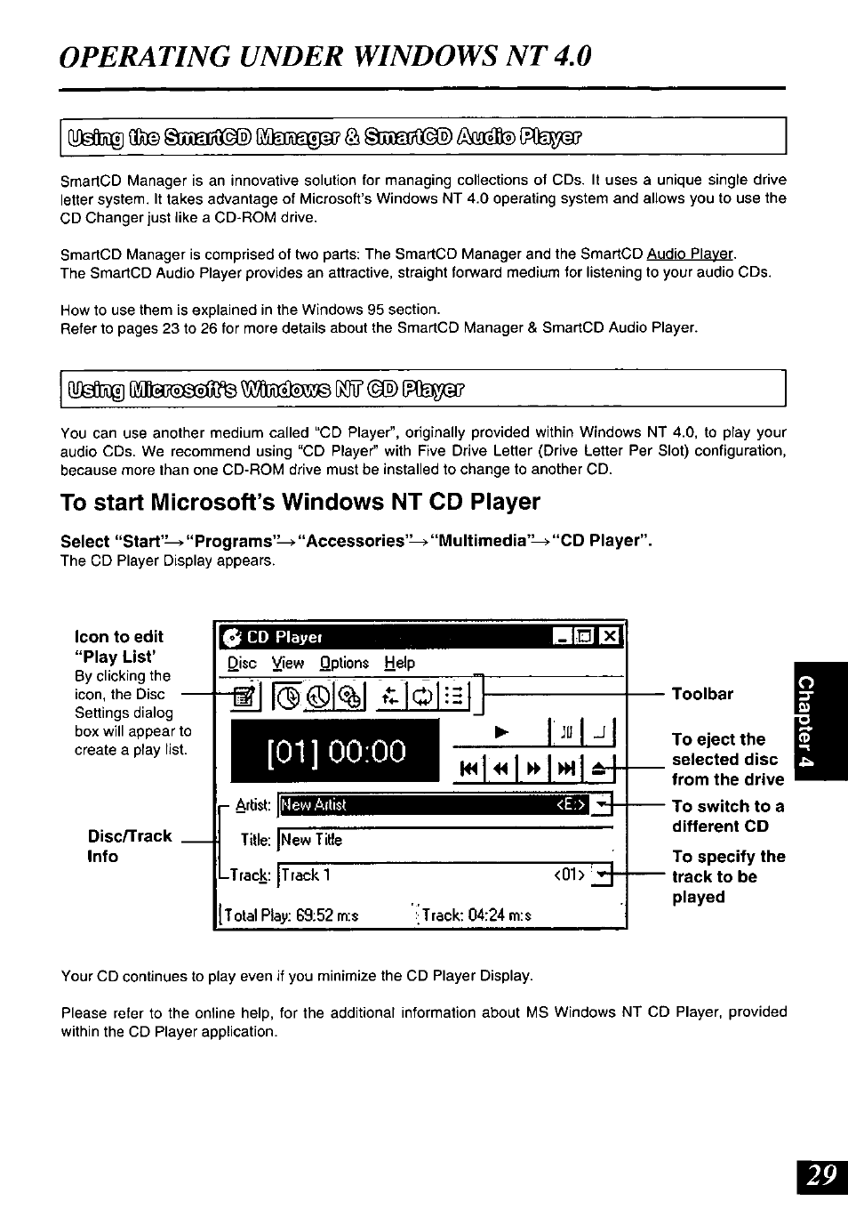 Smant@m, To start microsoft’s windows nt cd player, Operating under windows nt 4.0 | Li!tedoê©a?a | Panasonic SQ-TC520N User Manual | Page 29 / 32
