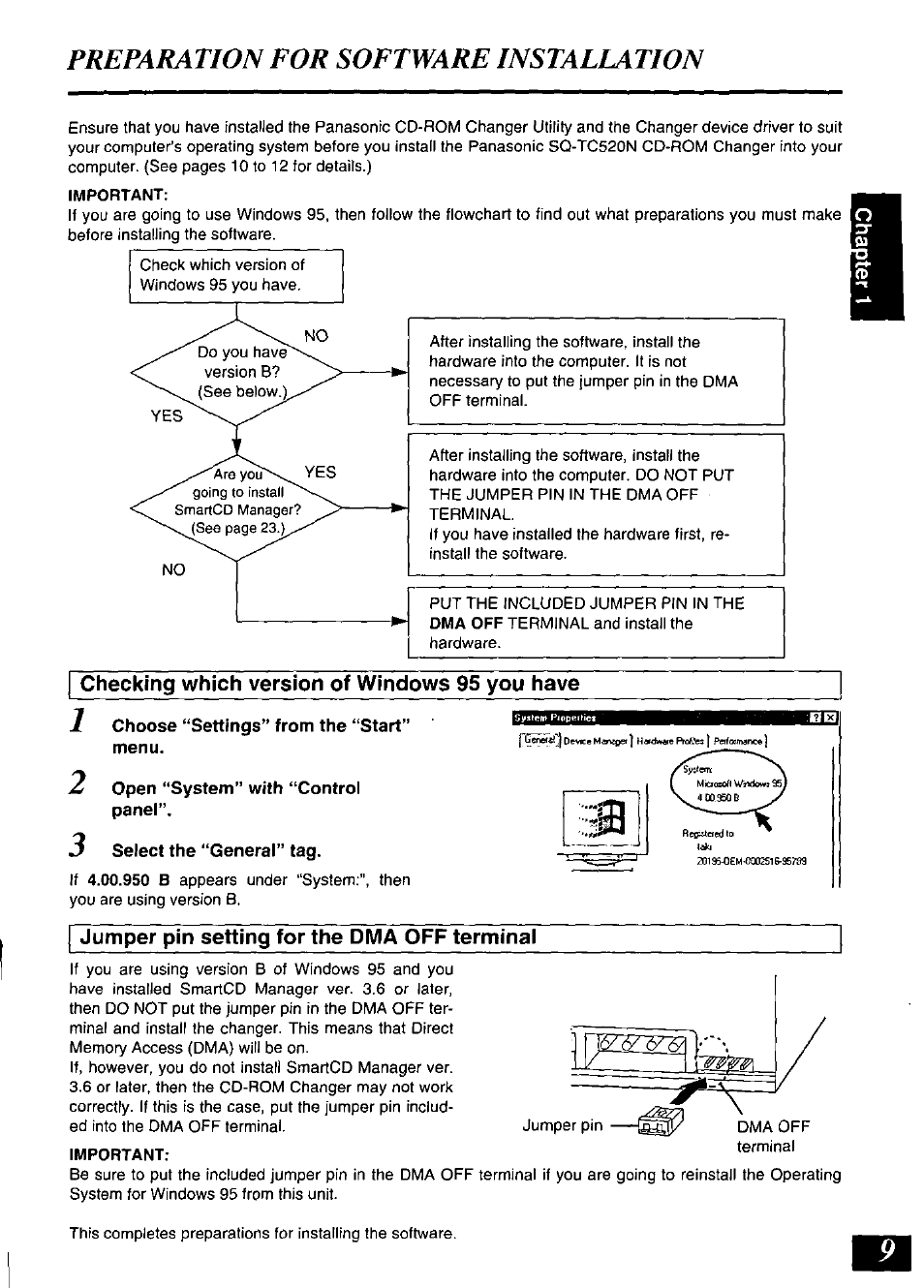 2 open “system” with “control panel, 3 select the “general” tag, Jumper pin setting for the dma off terminal | Preparation for software installation | Panasonic SQ-TC520N User Manual | Page 9 / 32